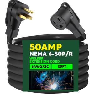 Kanayu 25FT 50Amp 6AWG Welder Extension Cord Compatible with NEMA 6-50P to 6-50R Power Extension for Welding Machines 50A 250Volt 3-Prong 6 Gauge Heavy Duty Welding Cable, ETL Listed (Black)