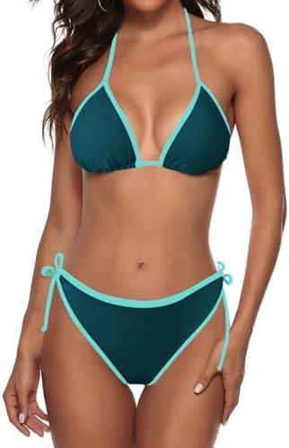 Zonsaoja Women String Bikini Halter Side Tie Two Piece Swimsuit Color Block Triangle Bathing Suits L