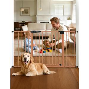 Babelio Metal Auto Close Baby Gate PressGuard P7, 29"-55" Wide Extra Wide Pet Gate for The House and Doorways, Pressure Mounted Walk Thru Child Gate with Door, Brown Wood Pattern