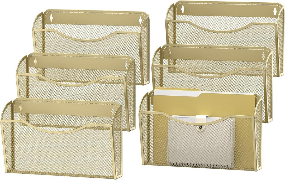MINDEPOT Wall File Organizer,Hanging Wall Mounted File Folder Binder Holder Mail Organizer for Office,Home and School Supplies (6Pack, Gold)