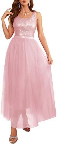 BeryLove Sequin Dress for Woman Vintage A Line Wedding Formal Swing Mesh Dress Sleeveless Cocktail Maxi Gowns (M, Long-Pink)
