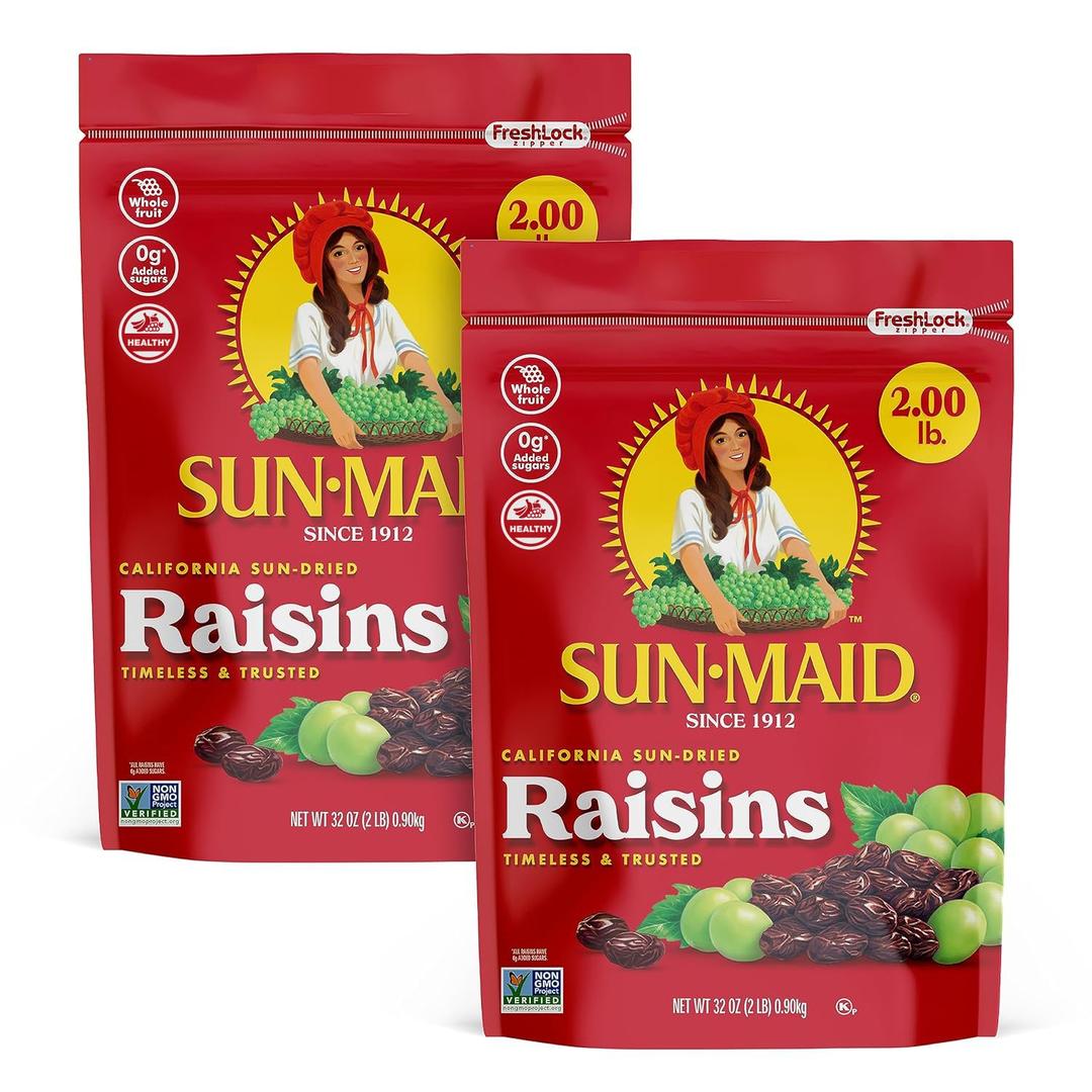 Sun-Maid California Sun-Dried Raisins - (2 Pack) 32 oz Resealable Bag - Dried Fruit Snack for Lunches, Snacks, and Natural Sweeteners (EXP 06/02/27)
