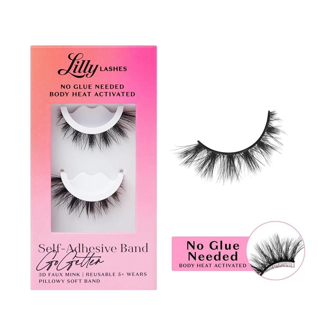 Lilly Lashes 3D Self Adhesive Eyelashes, No Lash Glue Needed, Body Heat Activated Press on Lashes, Reusable Self Adhesive Eyelashes Up to 5x, Easy to Apply & Remove (GoGetter)