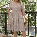 Nemidor Womens Plus Size Summer Midi Dress Casual Tiered Floral Print Beach Swing Boho Dresses with Pocket 16-26 (Beige)