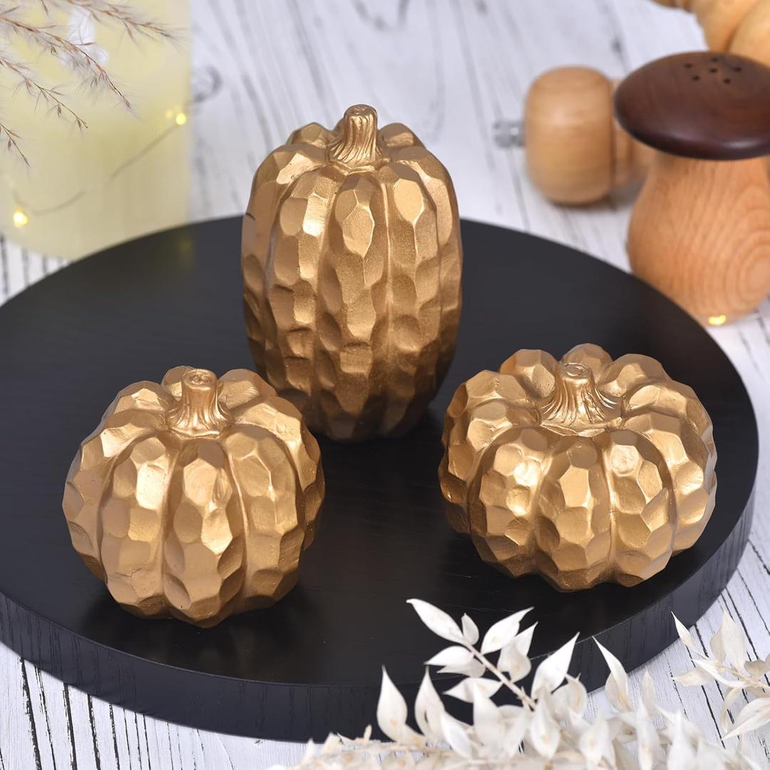 Fall Decorations for Home, 3pcs Resin Gold Pumpkin Decor for Thanksgiving Table Centerpiece, Halloween Pumpkins for Indoor, Autumn Harvest Decor for Porch Mantel Office (Gold)
