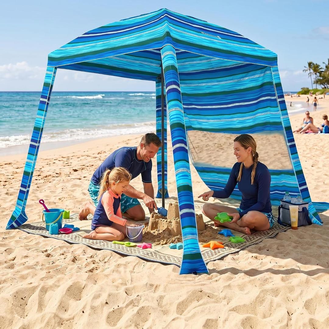 HOMEDEMO 6'6' Beach Cabana, Beach Canopy Tent Easy Set up and Take Down with Sand Pockets, Big Sandy Anchor, Elongated Side Wall Cabanas for Sand, Dark Blue Stripes, 6x6 feet