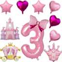 10 Pcs Princess Balloons for Birthday Party, 40 Inch Large Pink Number 3 and Crown Foil Balloons with Castle Carriage Balloon for 3rd Girl Princess Royal Birthday Party