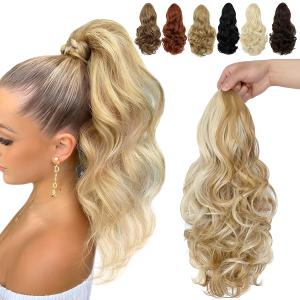 FELENDY 15" Ponytail Extension Drawstring Curly Wavy Ponytail Extensions Clip in Long Pony Tails Hair Cute Synthetic Piece for Women Ash Blonde Mix Bleach Blonde (15 Inch (Pack of 1))