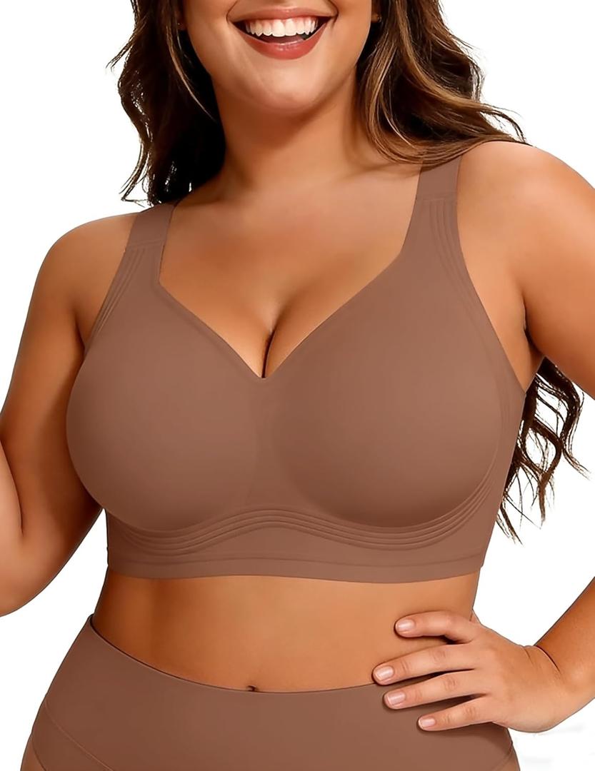 PoseFree Womens Seamless Wireless Supportive Bra Push Up Comfort Soft No Underwire Full Coverage T-Shirt Bra (XX-Large, Coffee)