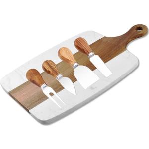 Marble and Acacia Wood Cheese Cutting Board with 4Pcs Cheese Knife Set,Luxury Charcuterie Serving Board w Utensils| Handmade Easy Grip Handle Appetizer Platter Display Tray (13.78 IN*7.08 IN*0.8 IN)