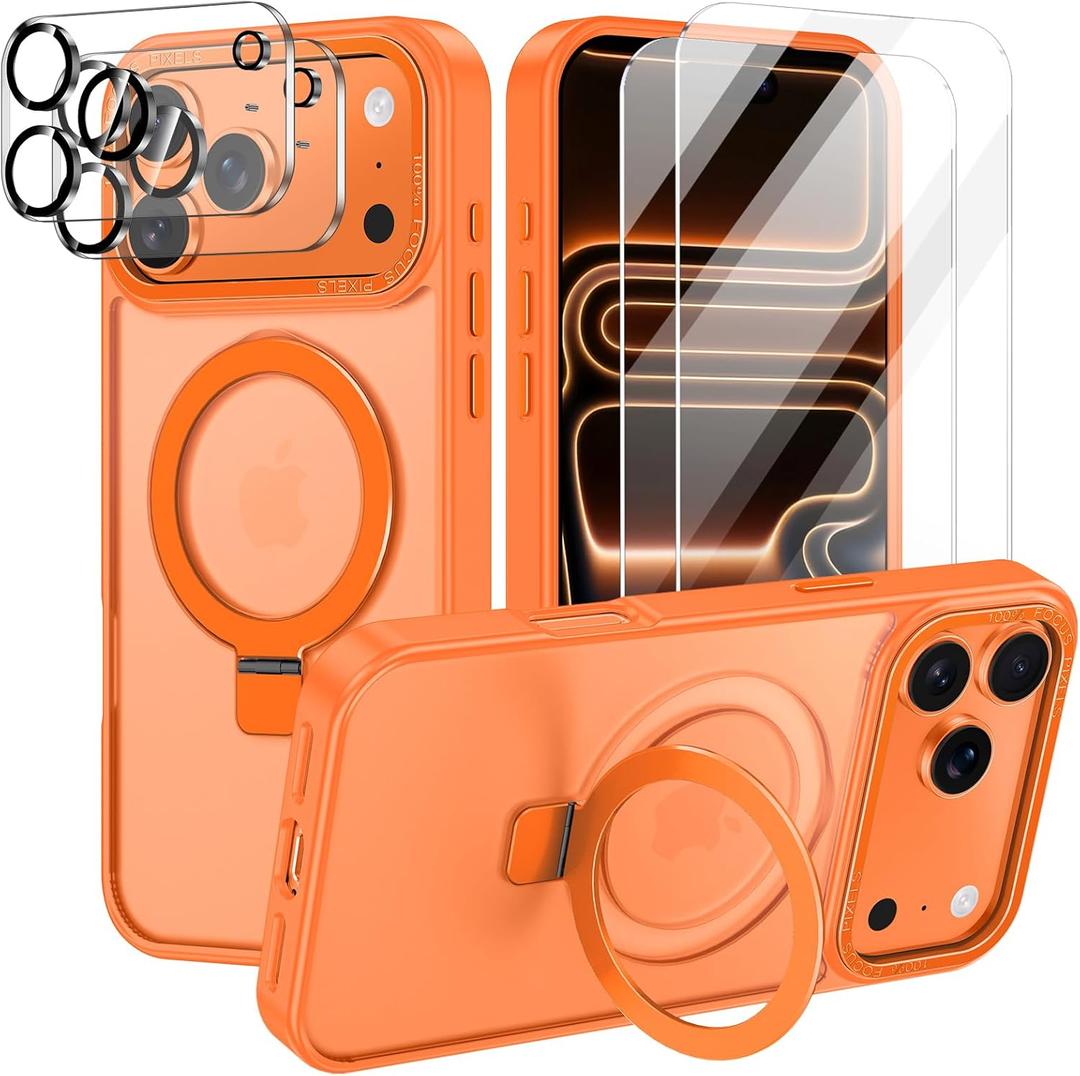 Lamcase for iPhone 17 Pro Max Case,with Magnetic Invisible Stand [Military Drop Protection] [Compatible with MagSafe] Shockproof Slim Translucent Anti-Slip with 2 Screen Protector,Orange