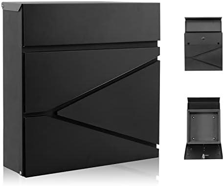 YOOBOX Wall-Mount Mailbox for House Outside, Security Key Drop Box with Lock and Keys, Locking Postbox, Steel Metal Rust-Proof Mail Box, 11.02 x 11.02 x 4.33 Inch, Black, MD021