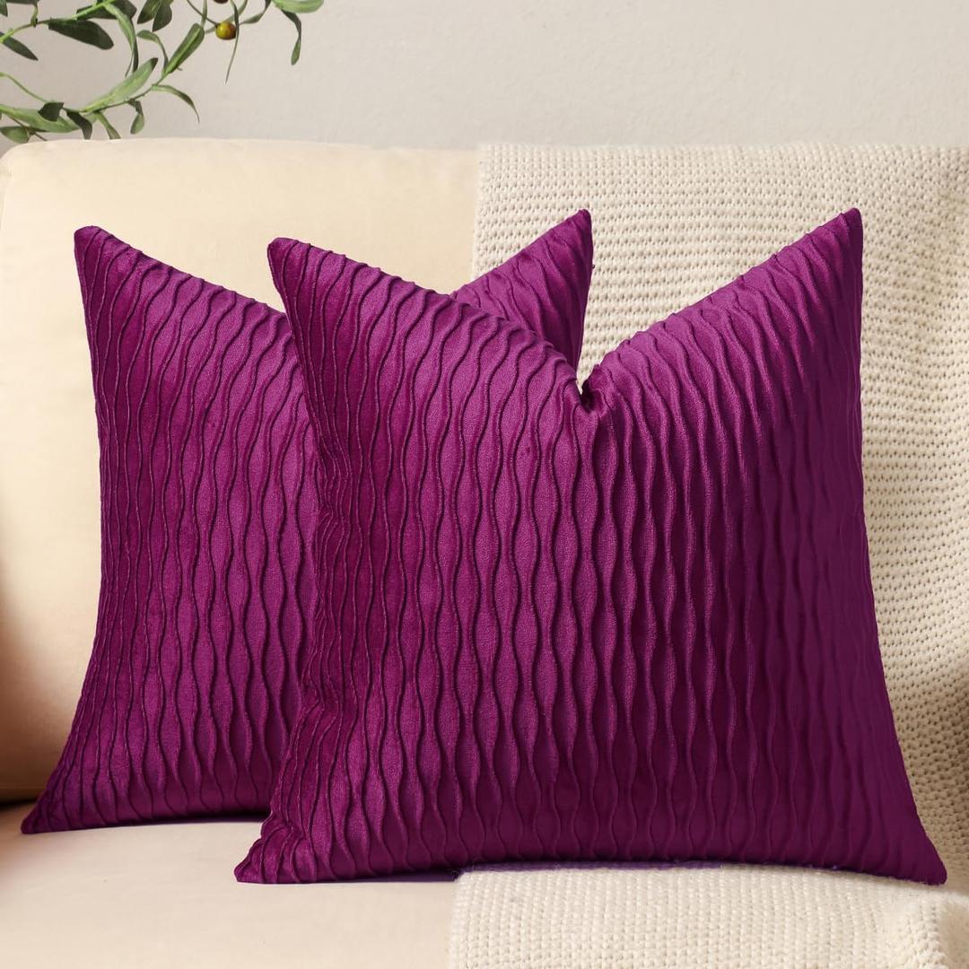 20x20 Purple Throw Pillow Cases: Pack of 2 Original Striped Velvet Square Decorative Pillow Covers for Farmhouse Couch