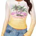 MOUSYA Summer Sheer Tops for Women Mesh Long Sleeve Top | Summer Sheer Tops for Women Mesh Long Sleeve Top See Through Sexy Going Out Tee Beach Palm Graphic Undershirt (L)