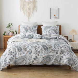 HoneiLife Cotton Duvet Cover Queen - 3pcs Paisley Comforter Cover, Soft & Breathable Floral Bedding Duvet Cover Sets with Zipper Closure & Corner Ties, Wildflower Comforter Cover Sets All Season Use (Queen/Full-90"x90", Blue & Brown)
