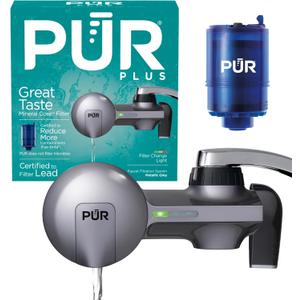 PUR Plus Horizontal Faucet Mount Filtration System with 3-in-1 Lead Reducing Filter, Water Filter for Sink, Lasts 100 Gallons, Compatible with Sinks with External Aerators, Metallic Grey