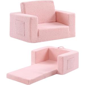 2-in-1 Toddler Chair Sherpa Couch - Soft Kids Lounger for Bedroom, Convertible Sofa for Girls and Boys, Reading Chair, Pink