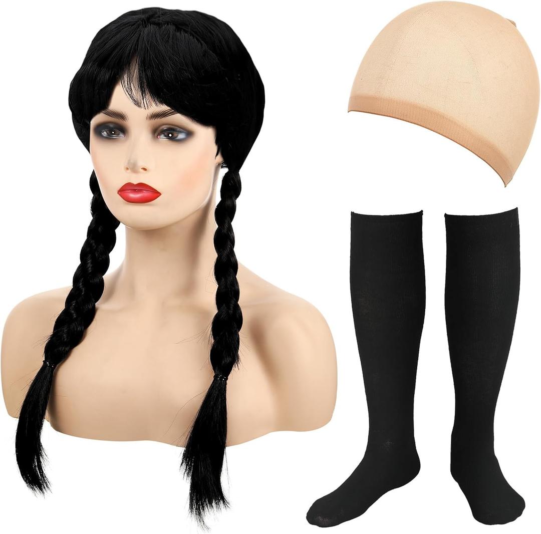 Karenhi 3 Pcs Halloween Costume for Women Long Black Braided Wig with Wig Cap Calf Socks Halloween Cosplay Party Accessories