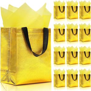 KeerxunBag 12pcs Reusable Gift BagsIncludes Tissue Paper Gift bag with handle Birthdays Parties Holidays Weddings Medium 10x4x8in gold color Gift Bags
