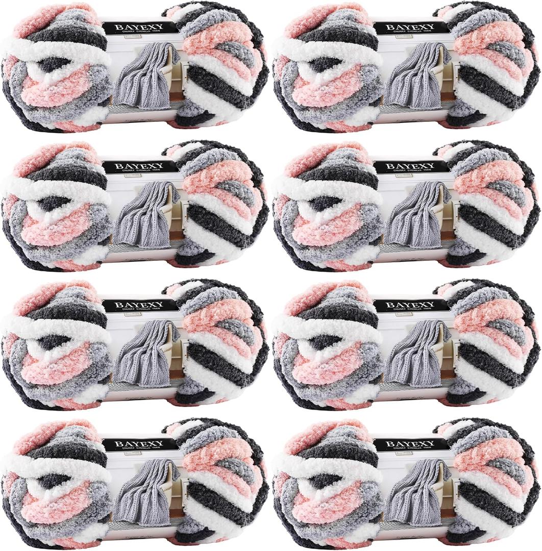 Chunky Chenille Yarn for Hand Knitting 8 Jumbo Pack Jumbo Chunky Yarn for Hand Soft Blanket Knitting, Bulky Thick Fluffy Yarn for Crocheting (Kitten Color)