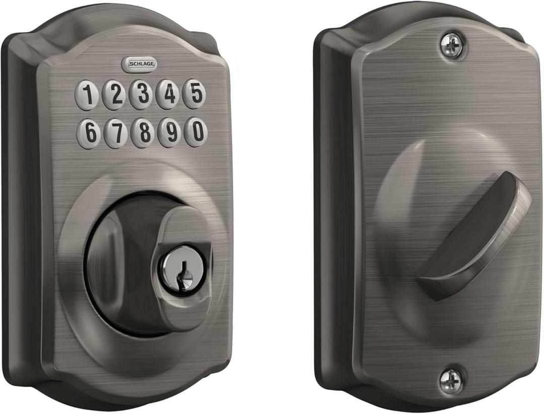 Schlage Camelot Electronic Keypad Deadbolt Lock, Keyless Front Door Entry, Mechanical Key Backup Included, Antique Pewter, BE365 CAM 620