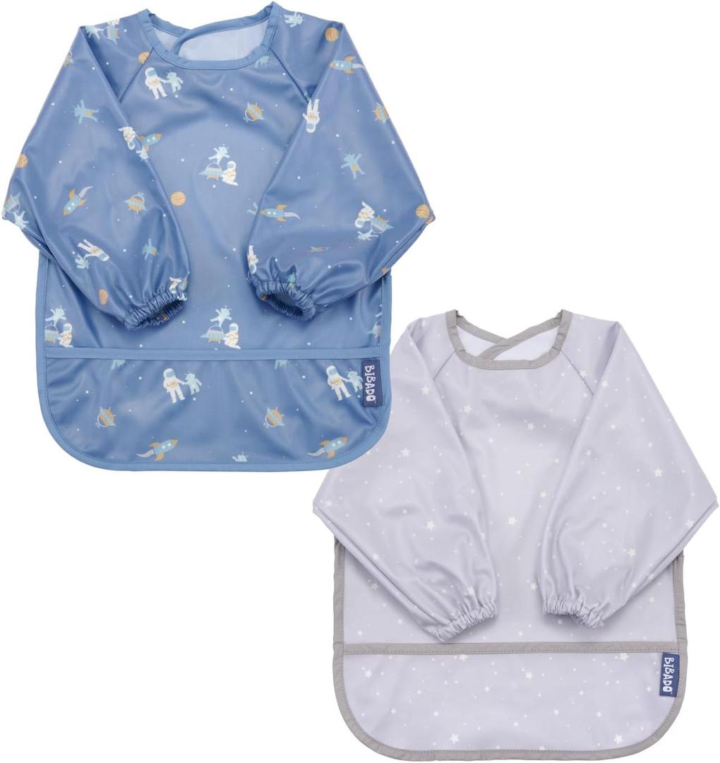 BIBaDO Mess Proof Baby Bib, 2 Pack Long Sleeve Bib, 6 month - 3 Years, Waterproof Bibs for Toddlers, Machine Washable (Astro & Stars)
