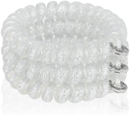 SWEZESBET Spiral Hair Ties with Rhinestone Metal Ring, No Damage and No Crease Phone Cord Hair Coils for Medium to Thick Hair, Large Size, 3-Pack, Sparkling White