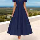 ZESICA Women's Summer Casual Maxi Dress 2026 Puff Short Sleeve V Neck Ruffle Tiered Flowy Boho Beach Dresses (Blue, L)