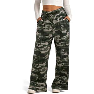 SOFIA'S CHOICE Women's Camo Sweatpants High Waist Drawstring Wide Leg Pants with Pockets Green Camo X-Large