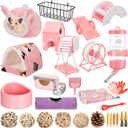 Teenyyou 24 Pcs Small Guinea Pig Starter Kit Essentials for Hamster Cage Accessories Toys House Bed Cage Cleaner Food Bowl Water Holder Carrier Bag Teething Toys Liner Tunnel for Beginner(Pink)