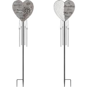 bocola Resin Heart Wind Chime with Rose & Angel Wings Engravings - Memorial Plaques for Garden Cemetery Grave Decoration-Sympathy Gifts for Loss of Loved One