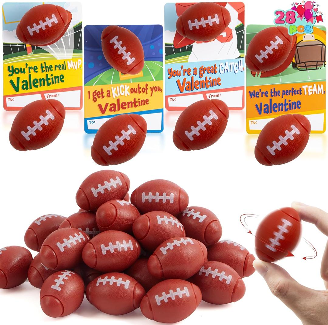 JOYIN 28 Packs Valentine Mini Football Fidget Spinner Balls with Gift Cards for Kids Valentine's Party Favors,Valentines Classroom Exchange Gift Toys for Kid Classroom Prizes Exchange Cards