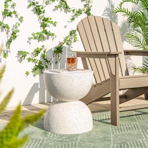 Glitzhome Outdoor Side Table, Round Accent End Table, Lightweight Hourglass Faux Terrazzo Decorative Garden Stool, 17.75" H White Planter Stand for Patio Porch Balcony Living Room, 1 Pc