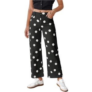 WDIRARA Women's Polka Dots Jeans Vintage Stretchy Straight Leg Denim Pants (26, Black)