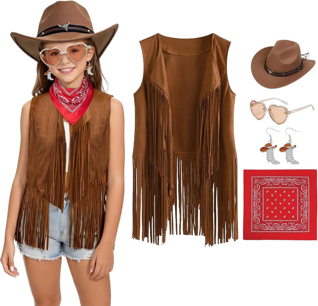 Cowgirl Costume for Kids Cow Girls Western Outfits with Hat Accessories Halloween Party Cosplay Dress Up (Small, 5pcs)