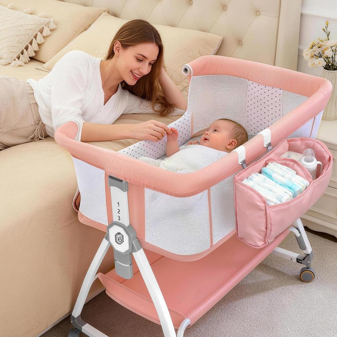 Baby Bassinet Bedside Sleeper, 4-in-1 Baby Bassinet with Wheels, 6-Height Adjustable Crib with Breathable Mesh for Newborns & Infants(Light Pink)