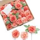 Ling's moment Artificial Flowers 25Pcs Deep Coral Roses Decor w/Stems,3" Real Touch DIY Foam Floral for Wedding Bouquet/Centerpieces, Outdoors Party Backdrop, Room/Table, and Garden/Pot Decorations