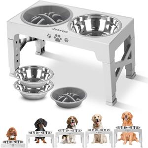 Elevated Dog Bowls, Dog Feeder with 2 Stainless Steel Dishes &1 Slow Feeder Bowl, 5 Heights Adjustable Raised Stand for Medium Large, Food Dishes with Non-Slip Feet (White)