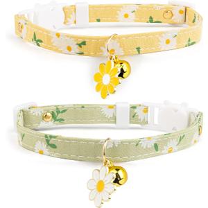 2 Pack Cotton Breakaway Cat Collar with Bell Yellow&Green Flowers Pendant Cute Kitten Cat Collar Suitable for Girls and Boys
