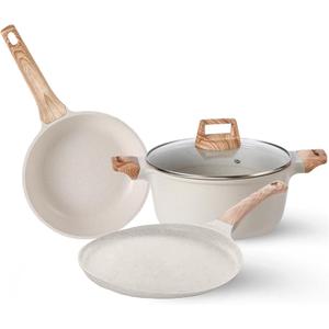 Pots and Pans Set, White Nonstick Induction Cookware Sets with Stay-Cool Handles, Kitchen Pan Sets for Cooking with Saucepan & Frying Pans & Crepe Pan, PFOS and PFOA Free (5pcs)