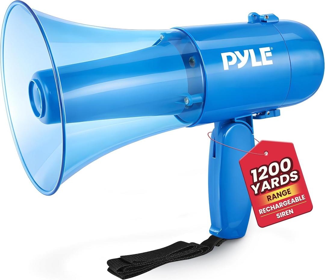 Pyle 30W Portable Megaphone Speaker, 1200-Yard Range, Lightweight Bullhorn with Siren, Rechargeable Battery, Handheld Mic, Adjustable Volume Control, Durable for Indoor/Outdoor Use, Transparent Blue