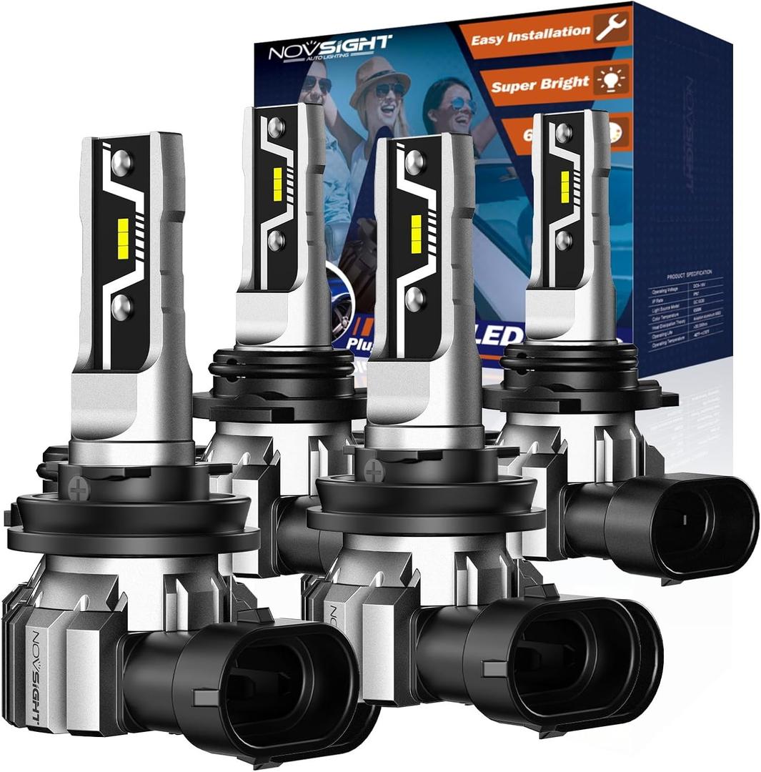 NOVSIGHT H11 9005 LED Light Bulbs - 500% Super Brighter 6500K Cool White, Fanless Light, 1:1 Design, Plug and Play 3 Mins Installation, H8 HB3 Automotive Fog Lamps, Pack of 4