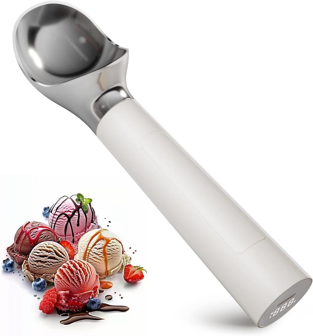 Heated Ice Cream Scoop, Rechargeable Electric Scooper for Hard IceCream, Self Warming Spoon Max to 158, Rust-Proof, anti freeze handle, Easy to Clean (10W, White)