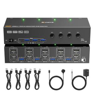 KVM Switch 3 Monitors 4 Computers 4K@60Hz,EDID Simulation,USB 3.0 HDMI Displayport KVM Switch Triple Monitor for 4 PC Share 3 Monitors and Keyboard Mouse Printer,with Wired Remote and 4 USB Cables