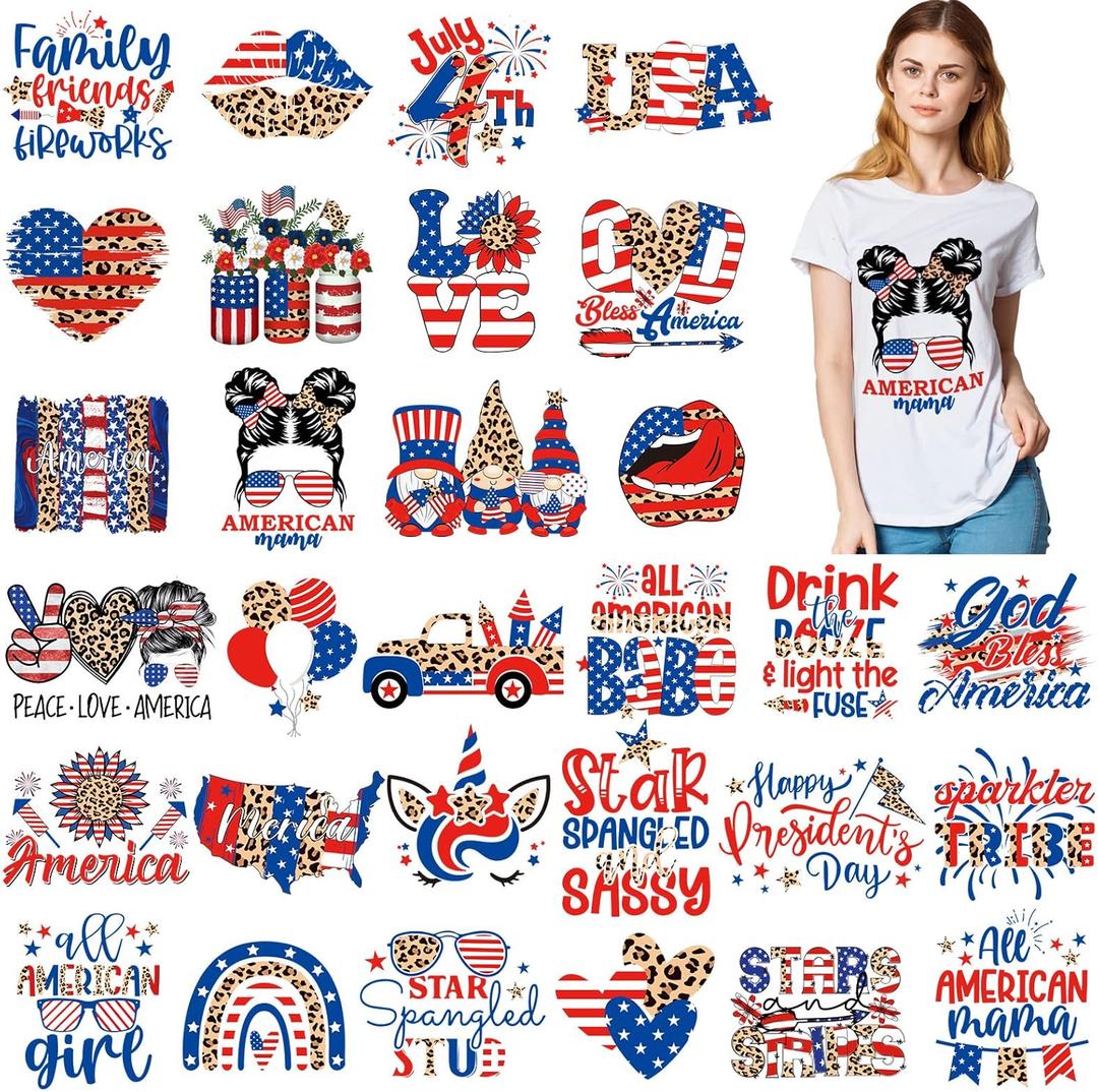 Estune 30 Pcs Patriotic Iron on Transfers 4th of July Iron on Decals Patches Appliques Heat Transfers Vinyl Cute Memorial Day Decals for Clothes Bag Pillow Covers DIY(Leopard Print Style)