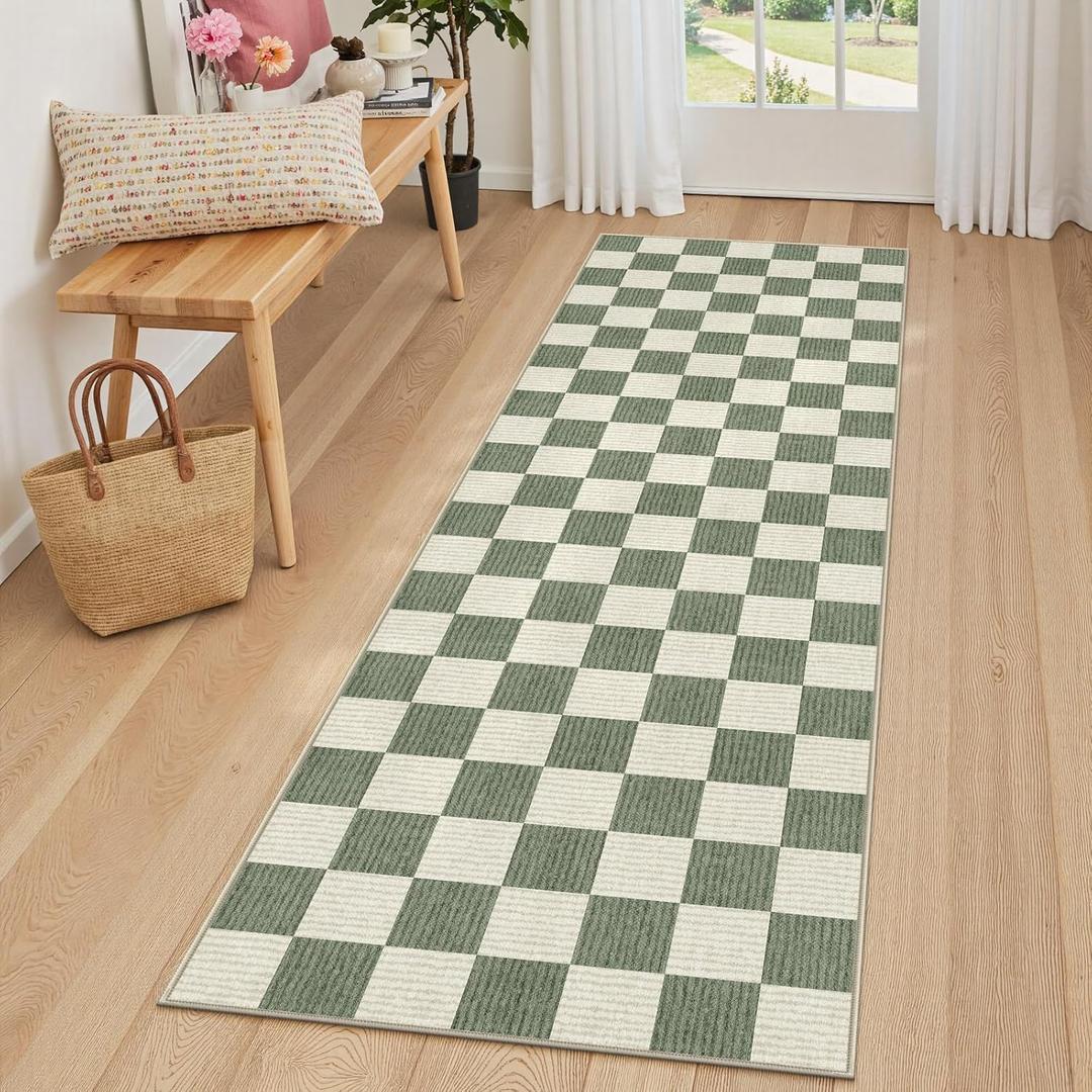 LIVEBOX Washable Runner Rug Checkered, 2x6 Green Runner Rugs for Hallway, Non-Slip Kitchen Runners, Farmhouse Neutral Classic Geometric for Hallways, Entryway, Bedroom, Bathroom(Green 2'x6') (Sage Green/Checkerboard)