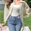 Women's Oversized Sheer Mesh Blouses Floral Embroidery Collared Shirts Long Sleeve Tops Fall Outfits (Beige, L)