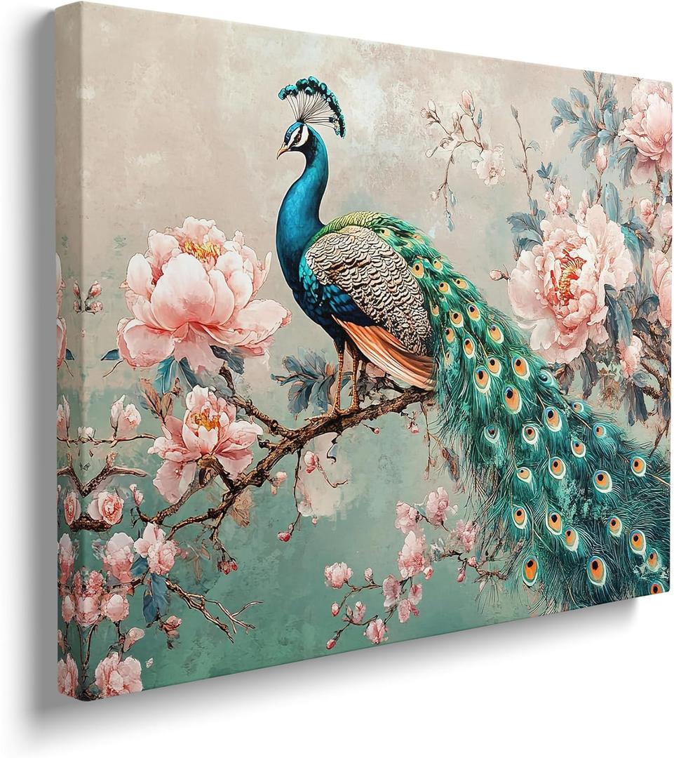 Peacock Canvas Wall Art Animal Painting Flower Floral Picture Framed for Bathroom Bedroom Living Room Modern Home Office Wall Decor 12"x16"
