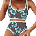 Herseas Women's Bikini Sets Floral Print Whip Stitch 2 Piece Swimsuits High Waisted Scoop Bathing Suits (M)