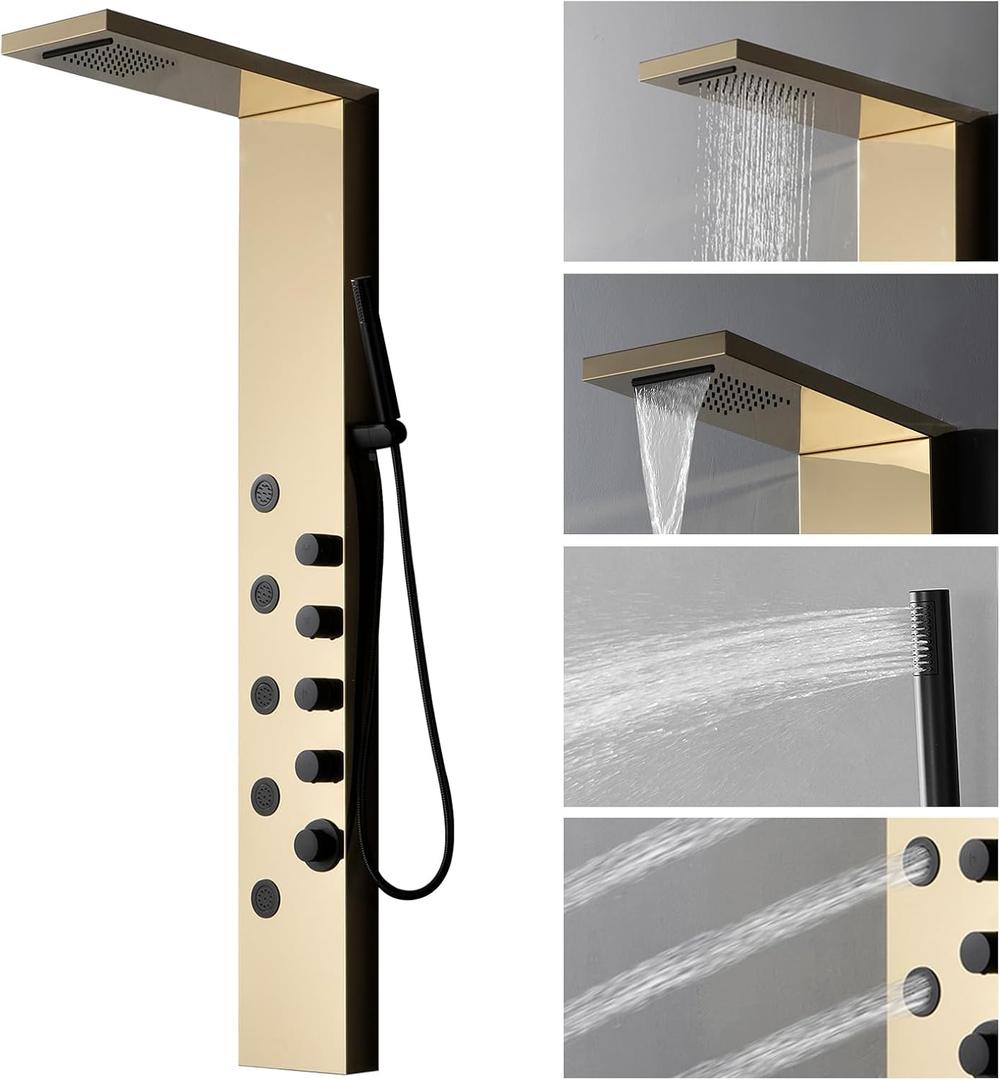 Homevacious Shower Panel Tower System with Rainfall Shower Head,5 Body Jets and Handheld Shower Head, Modern Massage Shower System Polished Gold and Black
